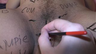 Pregnant slutwife gets dirty body writing on her body belly and boobs before fucking